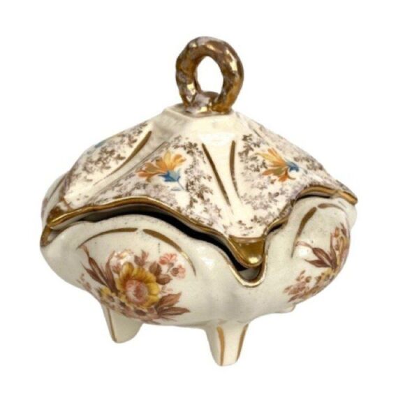 Vintage Other - Vintage Porcelain Lidded Footed Powder Box Floral Gold Gilt Trinket Dish